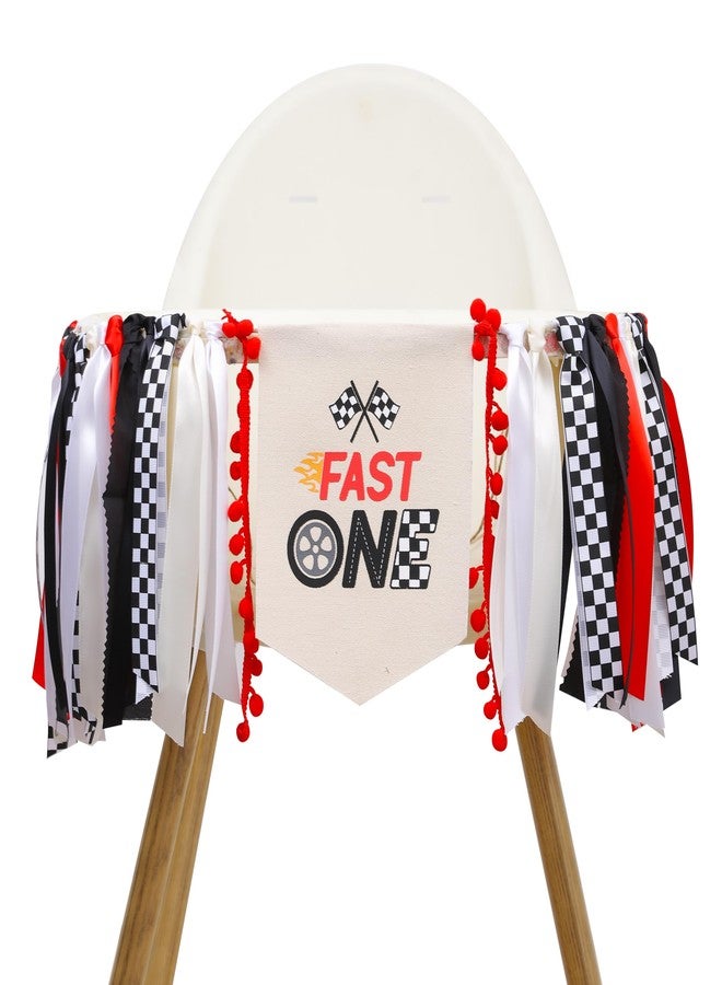 Jissoo Fast One High Chair Ribbon Banner - Racing Boys 1st Birthday Decorations,Red Black Ribbon Race Car Banner,Little Racer Birthday Photo Backdrop,Racing Vintage First Birthday Highchair Garland (Fast One Ribbon) - Image 1